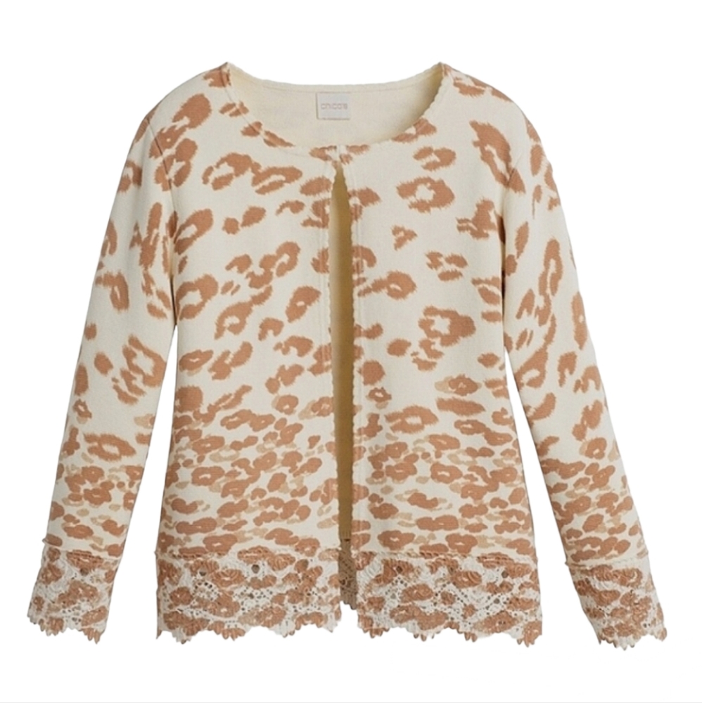 Chico's Cheetah Lace-Hem Charlee Cardigan Sweater NWT